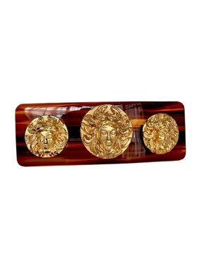 80s 90s French Tortoise Hair Barrette Gold Medusa Medallions - made in France 🇫🇷